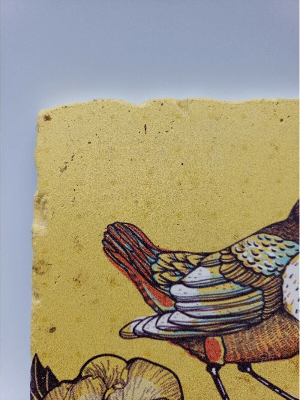 Vintage PPD Tile Trivet Bird Sparrow Flowers Golden Yellow Rustic Ceramic